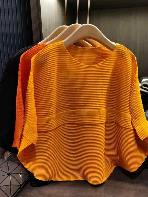 Tシャツ レディース ゆったり トップス 無地 カットソー ギャザー ラウンドネック ニットソー 通勤 普段使い 明るい黄色 西瓜レッド ブラック3|YKsakai