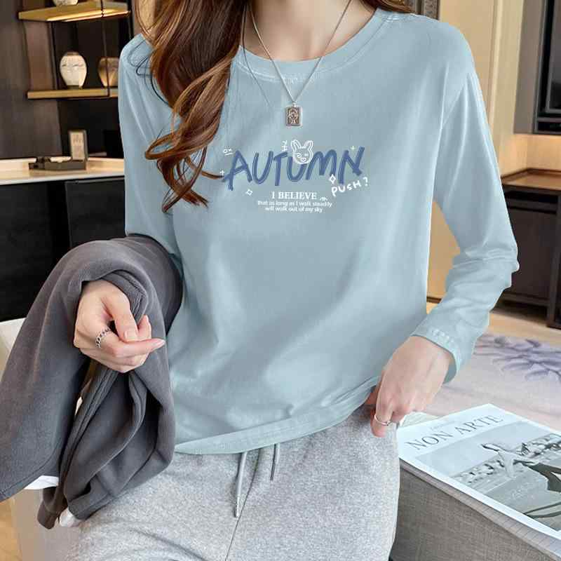 Tシャツ レディース 長袖 コットン 春秋 ゆったり ロゴ プルオーバー トップス カットソー S M L XL 2XL 3XL 4XL 灰青 白 黒 肌色 黄色 赤