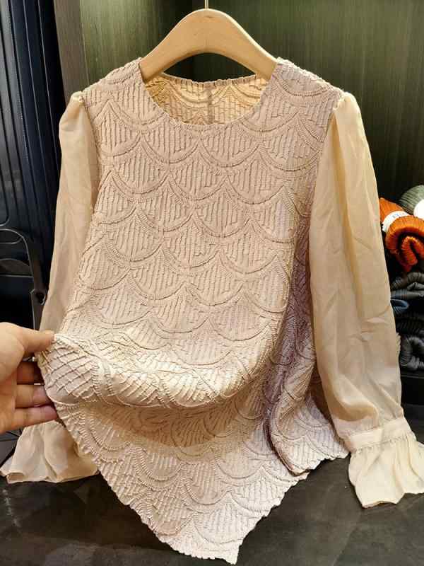 Tシャツ レディース トップス 不規則 喇叭袖 褶? ポリエステル 無地 長袖 カットソー 通勤着 杏色 グリーン カーキ ブラック3