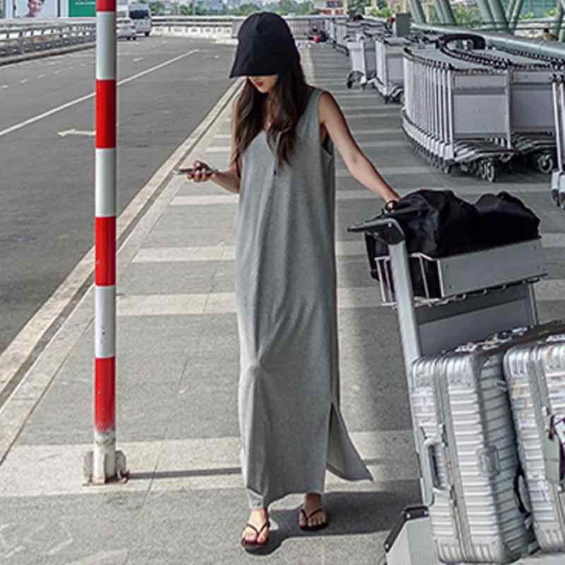 ワンピース レディース 韓国風 綿 無地 ノースリーブ 膝丈 ロング丈 グレー ゆったり 普段使い ストリート3
