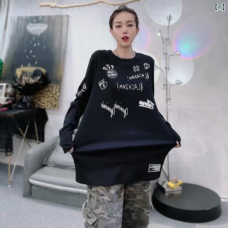 Tシャツ レディース 長袖 アルファベット柄 プリント トップス 中長丈 ゆったりサイズ ストリート カジュアル 黒 白 ピンク系 グリーン系3