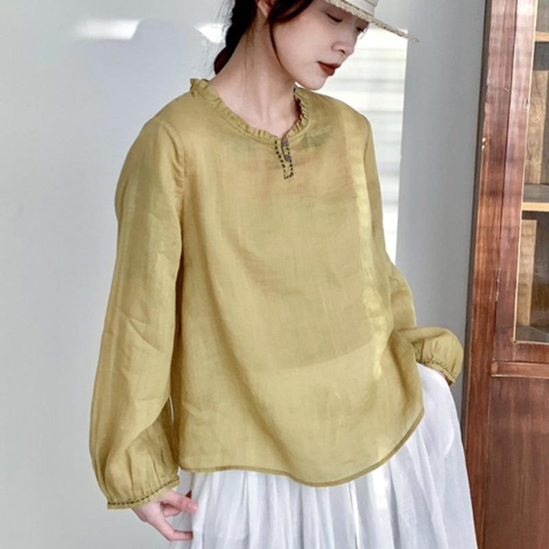 Tシャツ レディース 春夏 長袖 チュニック ゆったり トップス 丸首 リネン 麻 無地 カットソー 木耳フリル 文芸風 レトロ3