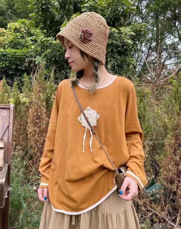 Tシャツ レディース 春夏 レトロ ラウンドネック 切り替え 長袖 トップス カットソー ゆったり 綿 レース オレンジ系 カーキ ブラウン系3