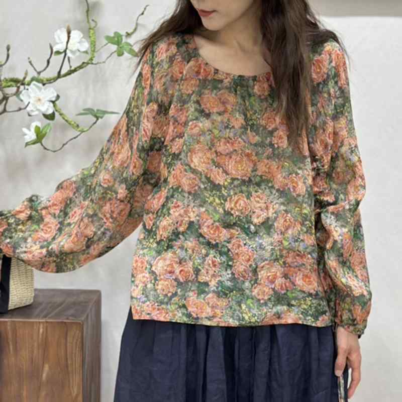 Tシャツ レディース 春夏 ラウンドネック 長袖 チュニック ゆったり 麻 リネン 花柄 トップス 文芸風 レトロ デジタルプリント ランタンスリーブ3