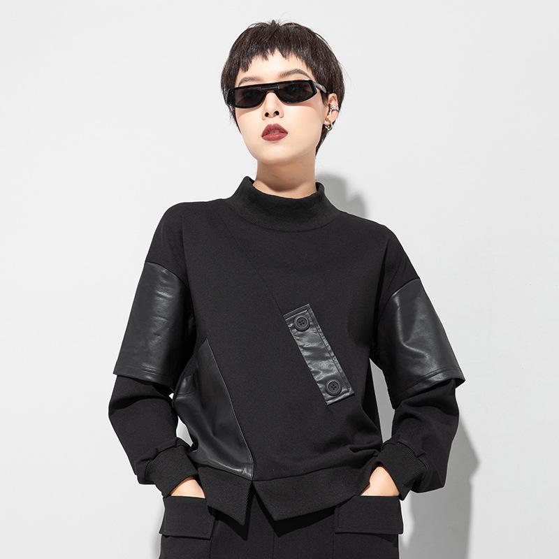 Tシャツ レディース 秋冬 厚手 錦綿 PU レザー 切り替え フェイクレイヤード スタンドカラー 長袖 衛衣 暗黒風 ストリート