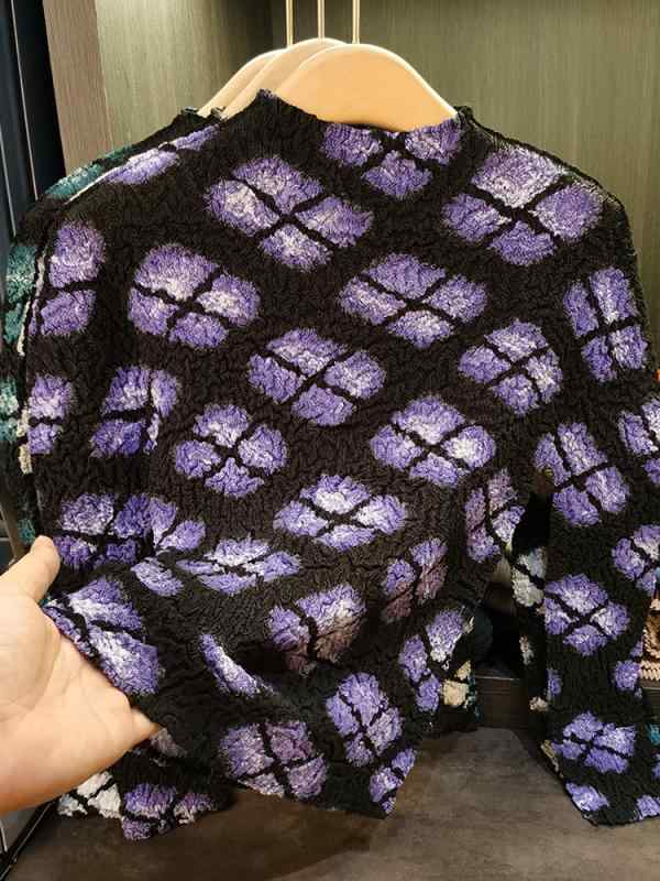 Tシャツ レディース チェック柄 ラウンドネック トップス 長袖 きれいめ 通勤 プリーツ ポリエステル 紫色 杏色 緑色3｜YKsakai