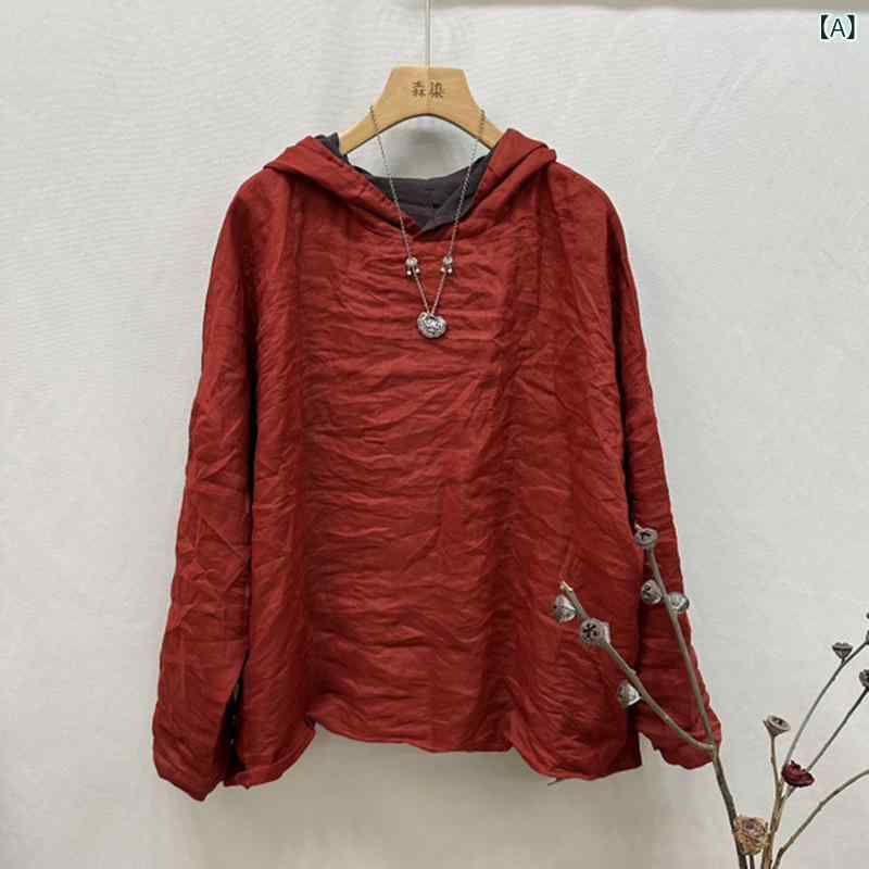 Tシャツ レディース 春夏 長袖 ?帽 ?麻 リネン ゆったり カットソー トップス 無地 薄手 文芸 ?古 赤 マスタード ネイビー3