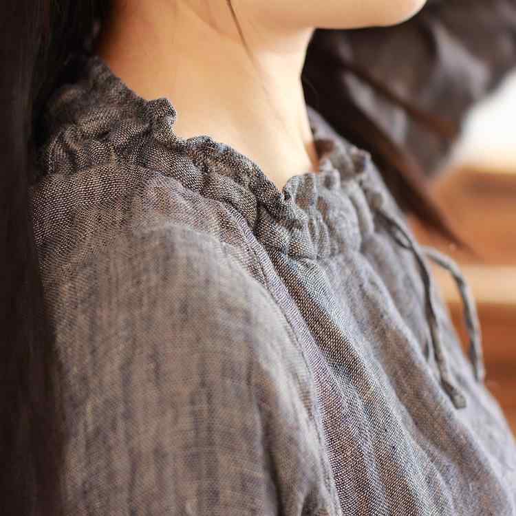 Tシャツ レディース リネン 長袖 ゆったり トップス ギャザー パフスリーブ 文芸風 レトロ 婦人服 薄手 ラウンドネック 麻 ブルー系 グレー3
