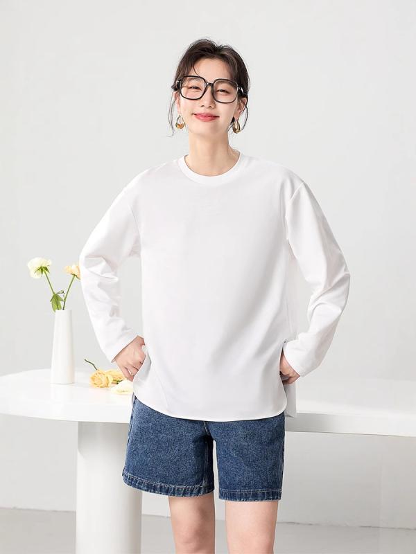 Tシャツ レディース ゆったり シンプル 接触冷感 ラウンドネック スリット入り 長袖 トップス 涼しい 快適 コットン混紡 普段使い デイリー 日韓スタイル カジュアル 迷霧ブラック 冷霜ホワイト 橡岩カフェ3