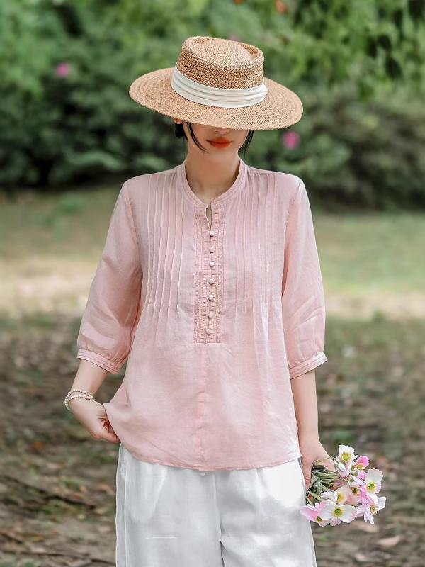 Tシャツ レディース 麻 リネン 立襟 プルオーバー 7分袖 無地 刺繍 トップス ブラウス カットソー ゆったり 春夏 高品質 白色 ピンク系 パープル イエロー 紺色 文芸風 レトロ3