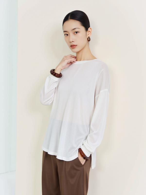 Tシャツ レディース トップス 薄手 レーヨンブレンド 長袖 ラウンドネック プルオーバー 無地 ブラック ホワイト カットソー フェミニン 通勤 きれいめ3