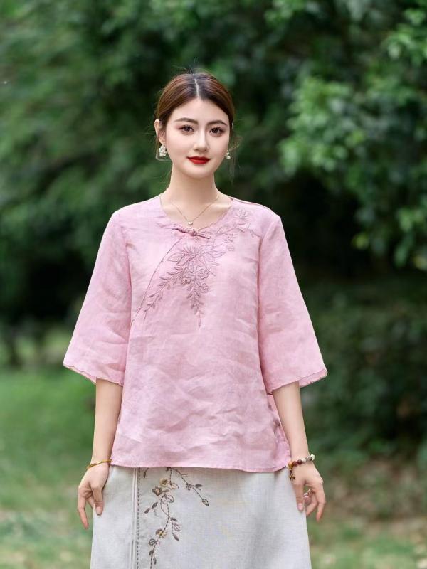 Tシャツ レディース 新中国スタイル リネン トップス 文芸 チュニック ゆったり ラウンドネック 刺繍 半袖 白 ピンク系 黄色3