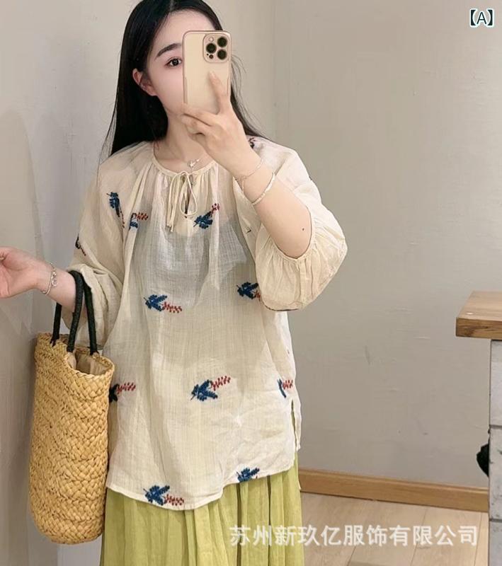 Tシャツ レディース 麻 リネン プリント トップス カットソー 五分袖 ラウンドネック プルオーバー ゆったり チュニック ブラウス 文芸風 レトロ 春夏3
