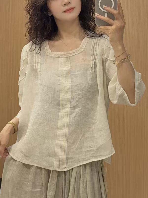 Tシャツ レディース 7分袖 ゆったり 褶（ひだ）飾り チュニック リネン トップス ラウンドネック 無地 カットソー 涼しい 快適 ナチュラル 春夏 カジュアルスタイル 白 青 杏色 緑3