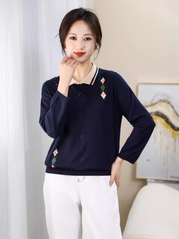 Tシャツ レディース 長袖 秋物 トップス 天竺 無地 インナー ポロ襟 ゆったり カジュアル 普段使い 通勤着 おしゃれ カーキ色 グリーン系 レッド 大きいサイズ3