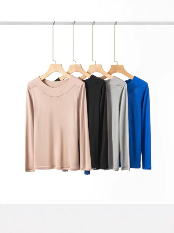 Tシャツ レディース シルク カットソー 長袖 ラウンドネック ブラック 深グレー キャメル ベージュ 通勤 きれいめ 上品 エレガント 秋冬