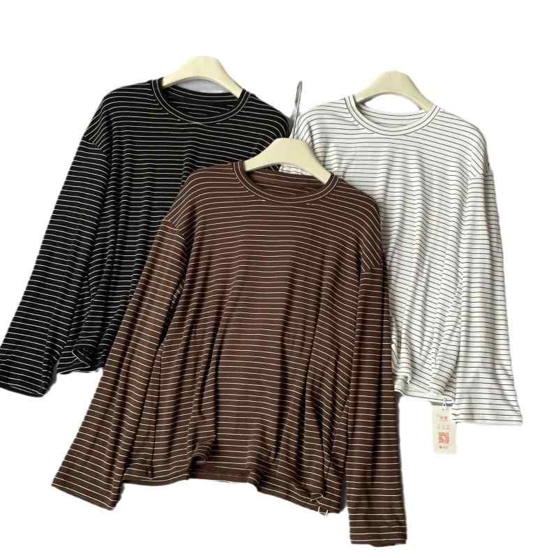 Tシャツ レディース 秋冬 長袖 ラウンドネック 配色 ストライプ ゆったり 柔らかい 粘? 綿 あったか 通勤3｜YKsakai