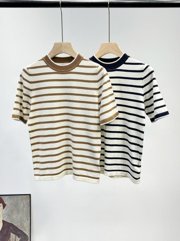 Tシャツ レディース 配色 ストライプ柄 ニット トップス ラウンドネック 半袖 コットン 接触冷感 吸湿性 文芸風 普段使い3|YKsakai