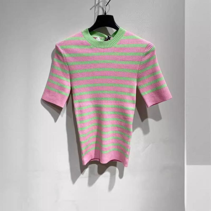 Tシャツ レディース 春夏 半袖 切り替え 配色 ボーダー柄 ニット トップス カットソー 綿 カジュアル スリムフィット ラウンドネック 日韓風3