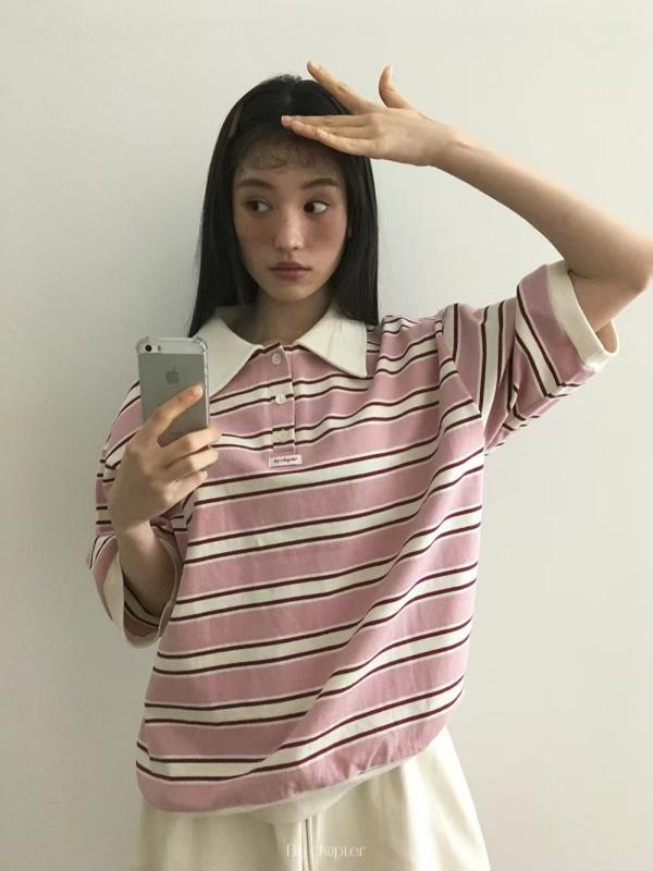 Tシャツ レディース 春夏 配色 ストライプ ポロネック 半袖 ニット トップス 普段使い かわいい フェミニン|YKsakai
