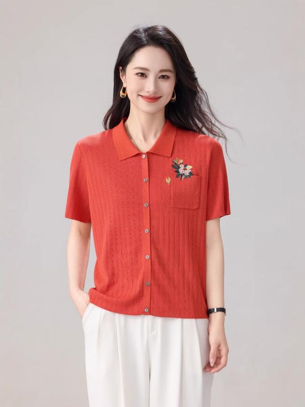 Tシャツ レディース 半袖 ニット カーディガン トップス 天竺 POLO襟 幾何学模様 ゆったり 接触冷感 吸湿性 ホワイト ピンク系3｜YKsakai