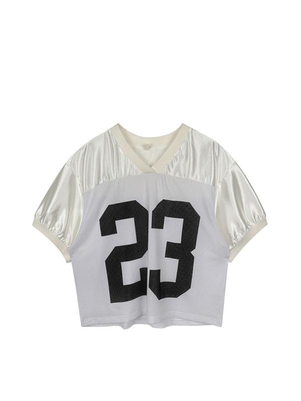 Tシャツ レディース Vネック 半袖 トップス 球衣風 ポリエステル プリント ロゴ カレッジスタイル スポーティー カジュアル レッド ブルー ホワイト3