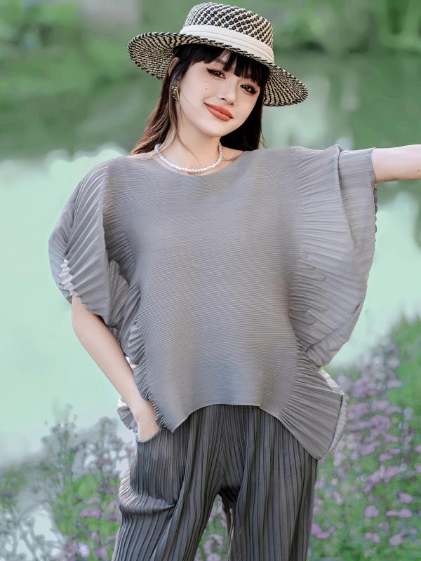 Tシャツ レディース 半袖 ゆったり トップス 上品 フリル デザイン カットソー 体型カバー 大きいサイズ 接触冷感 ポリエステル かわいい ピンク系 ブラック