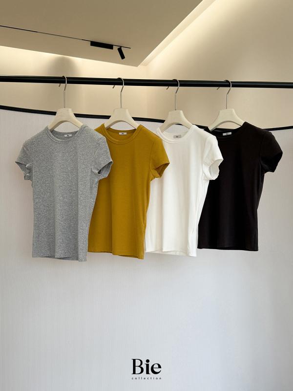 Tシャツ レディース 半袖 スリムフィット ラウンドネック 無地 リヨセル混紡 コットン混紡 カジュアル トップス カットソー 普段使い 春夏 月光白 姜黄色 花灰色 深棕色3
