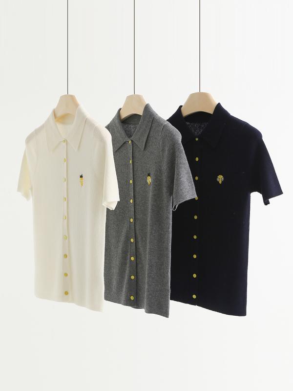 カーディガン レディース 羊毛 ニット トップス 刺繍 甲虫柄 ポロネック 半袖 配色 通勤 きれいめ かわいい ホワイト グレー ネイビー S M L XL3｜YKsakai
