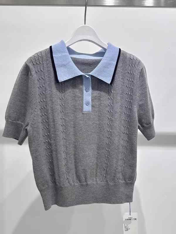 ニット レディース ポロネック グレー 切り替え 半袖 トップス 夏ニット 通勤着 普段使い ポリエステル アクリル
