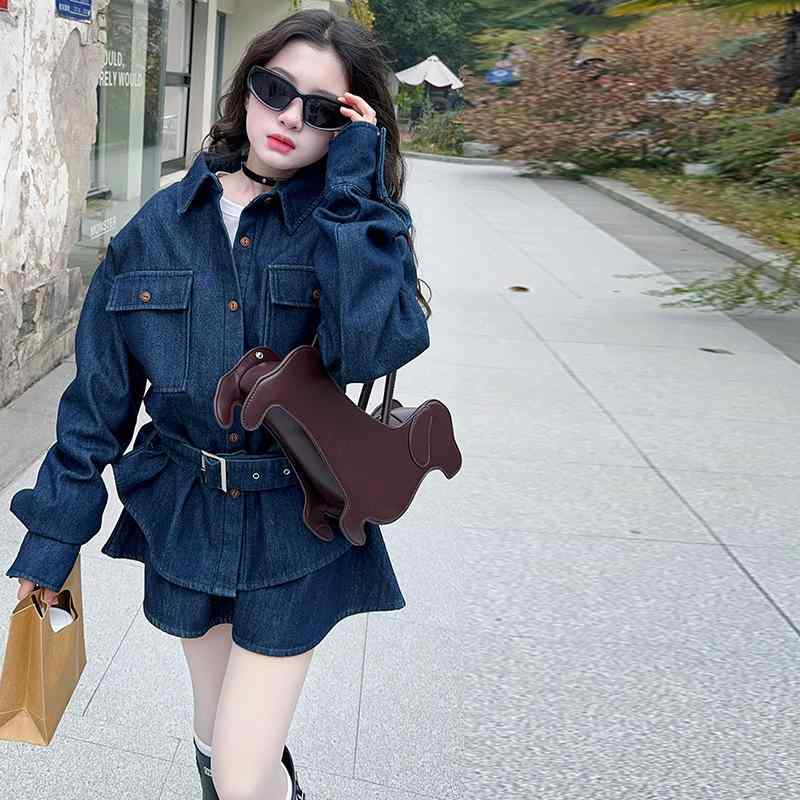 シャツ 子供服 デニム セットアップ 長袖 膝上丈 スカート 韓国風 春秋 スリムフィット おしゃれ かわいい ガールズ ツーピース