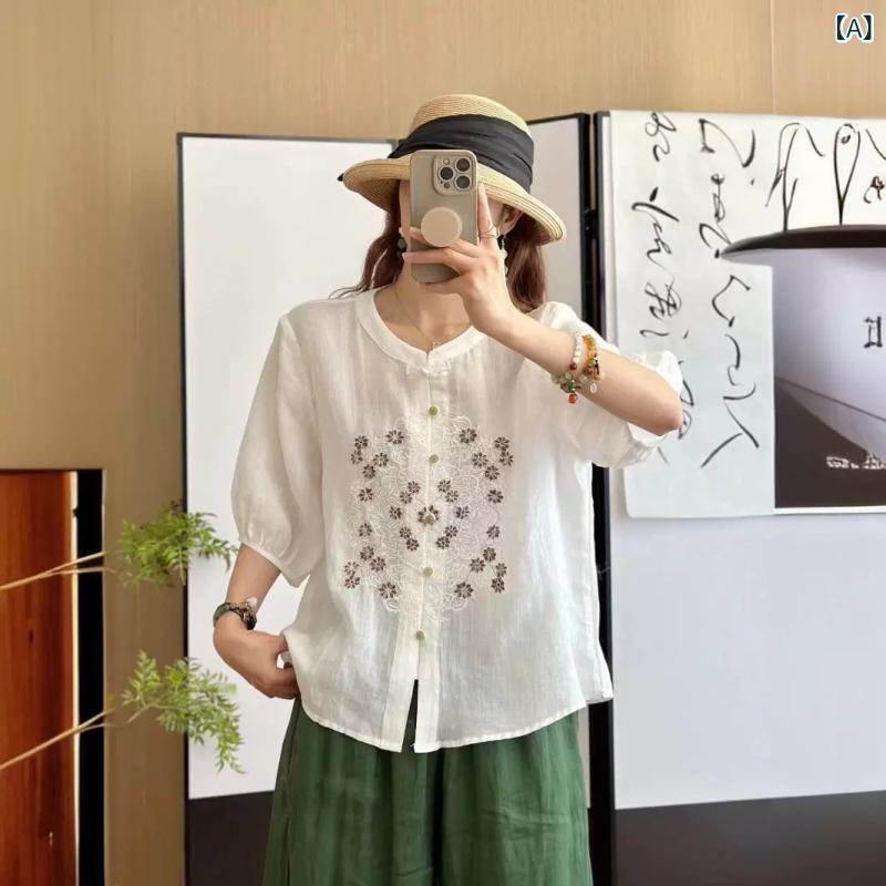 シャツ レディース 刺? ?麻 トップス ?? 灯?袖 ブラウス 森ガール ナチュラル エスニック チャイナ風 春夏3