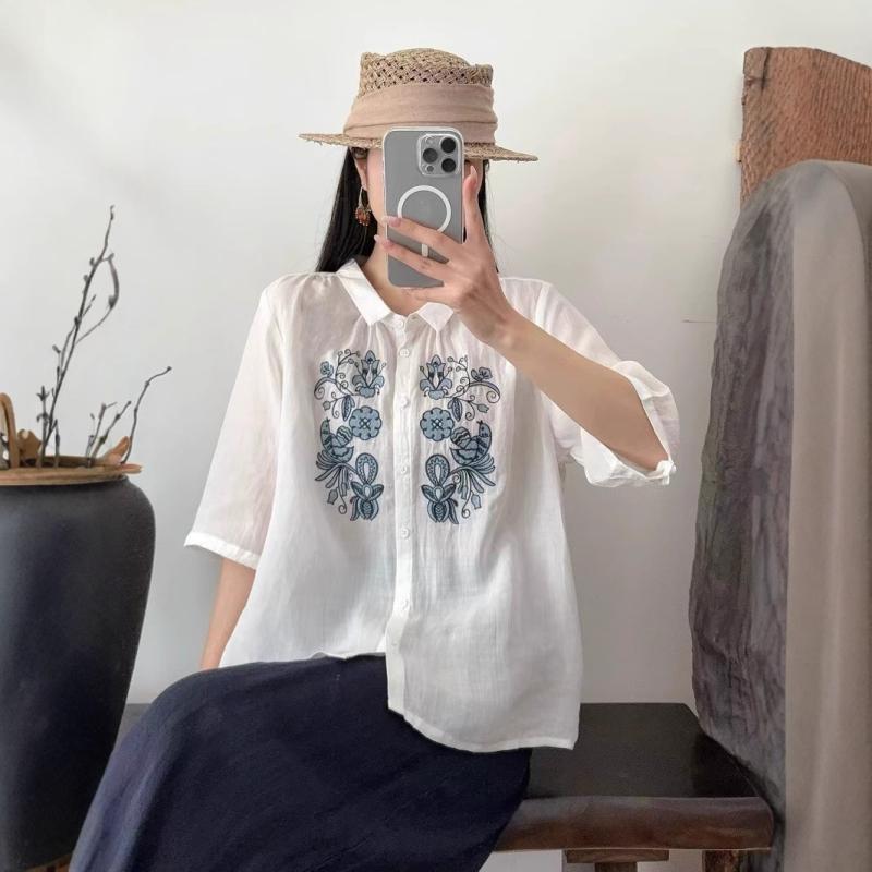 シャツ レディース 五分袖 チュニック ?麻 リネン ブラウス 花柄 刺繍 通気性 薄手 文芸風 レトロ かわいい 白色 ピンク系 イエロー3