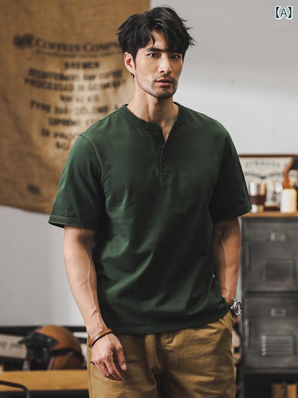 Tシャツ メンズ 男性用 半袖 ポロシャツ 無地 ヘンリーネック カットソー アメカジ 320g 厚手 コットン ゆったり 接触冷感 部屋着