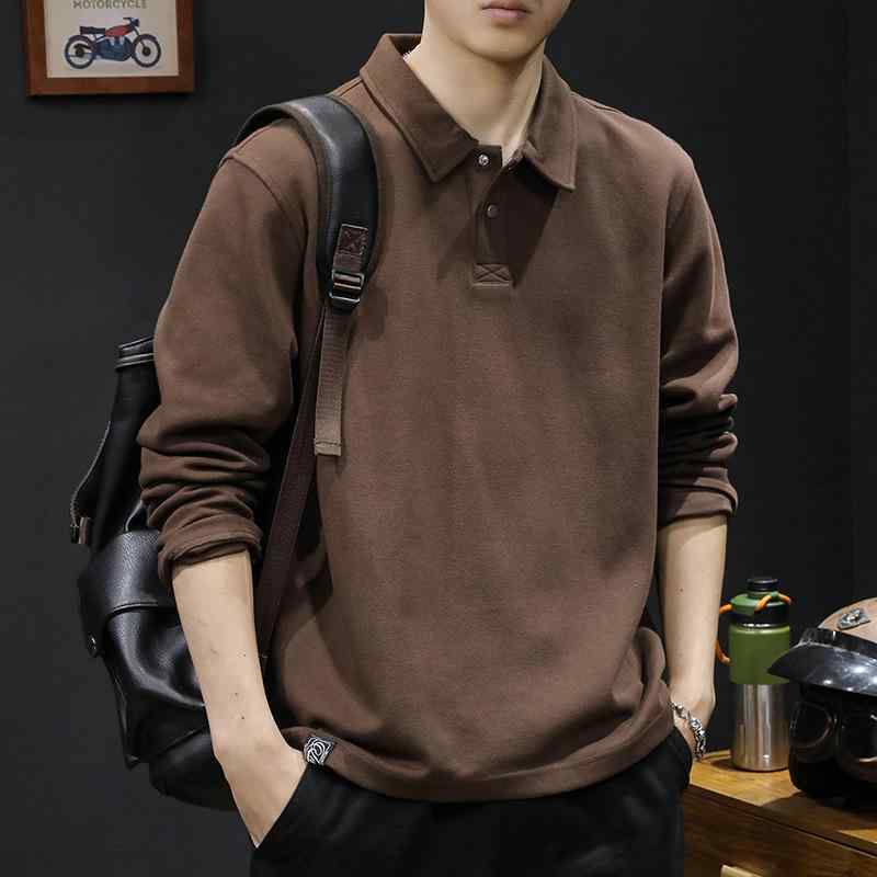 ポロシャツ メンズ 長袖 Tシャツ 秋冬 トップス カットソー コットン 刺・墸 ワンポイント 無地 ゆったり 厚手 黒 ブラック ブラウン グレー アプリコット