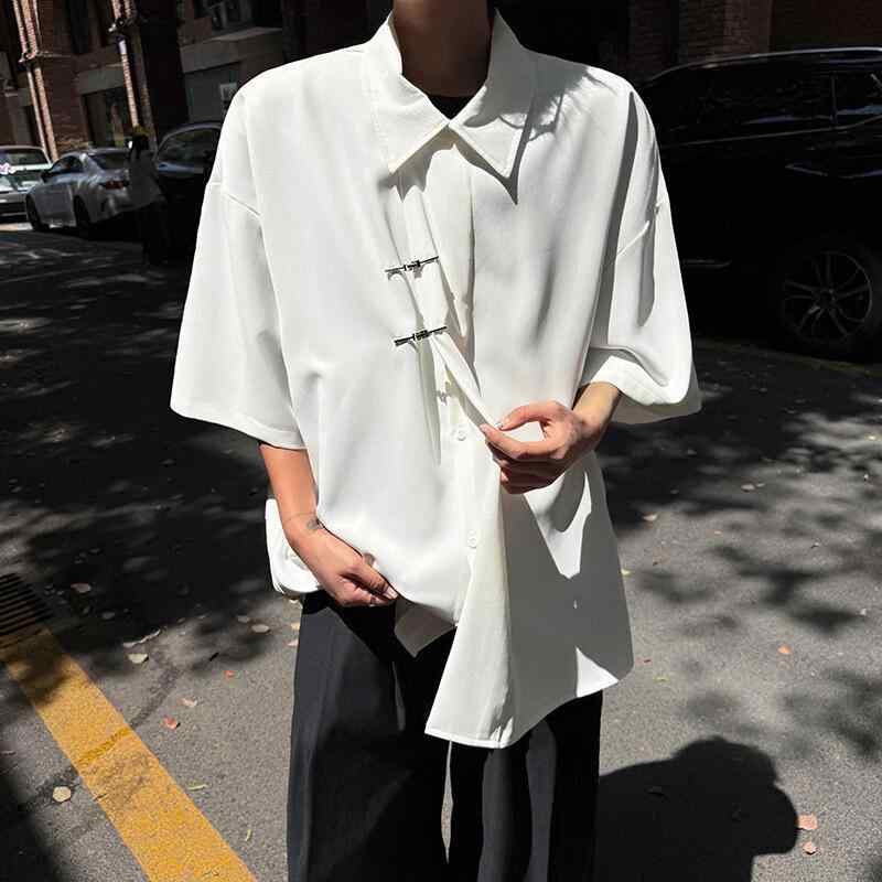 シャツ 男性用 半袖 ポリエステル 接触冷感 薄手 無地 開襟 ルーズフィット レッド系