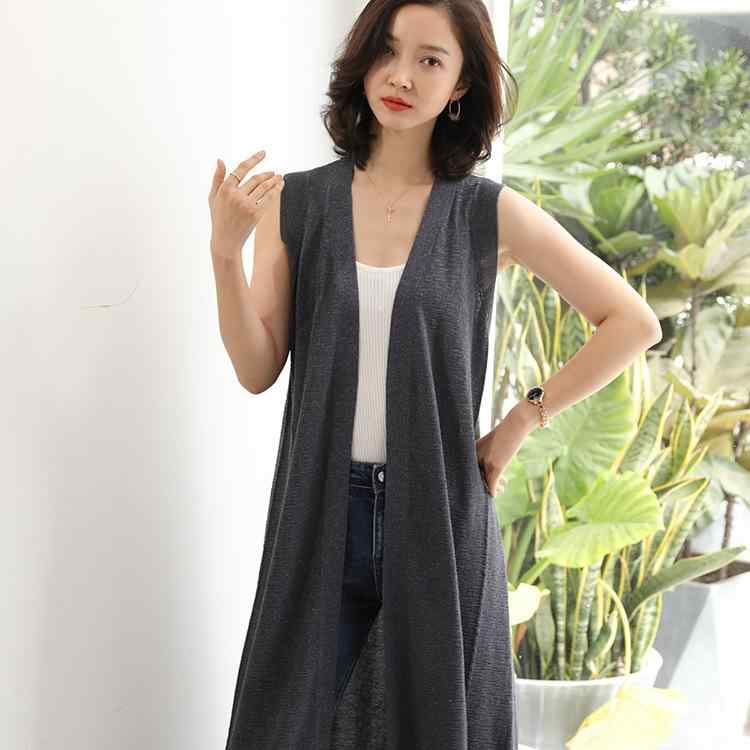 ニット レディース 麻 カーディガン ロングベスト 春夏 ゆったり 大きめサイズ ノースリーブ リネン ベージュ系 灰色 黒色 白色 知的 快適 普段使い