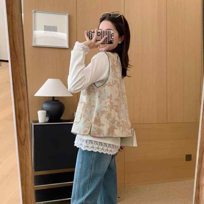 ベスト レディース 新中式 提花 ショート丈 ゆったり レイヤード 通勤 ポリエステル 花柄 M L