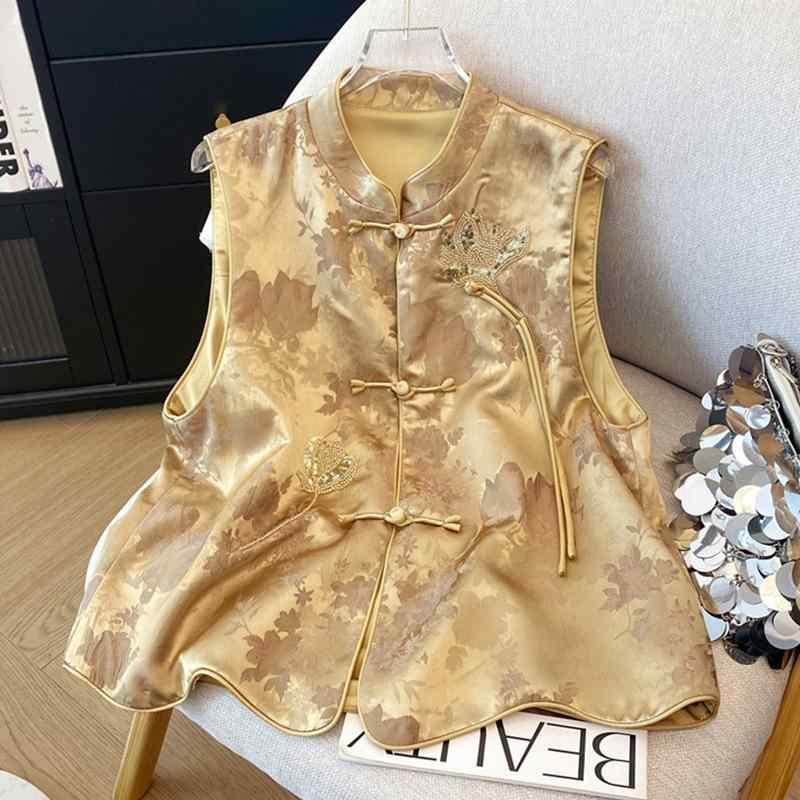 ベスト レディース 唐装 サテン 切り替え チャイナドレス ベスト 立ち襟 ノースリーブ チョッキ 御姐風 普段使い 絹 ポリエステル ゴールド