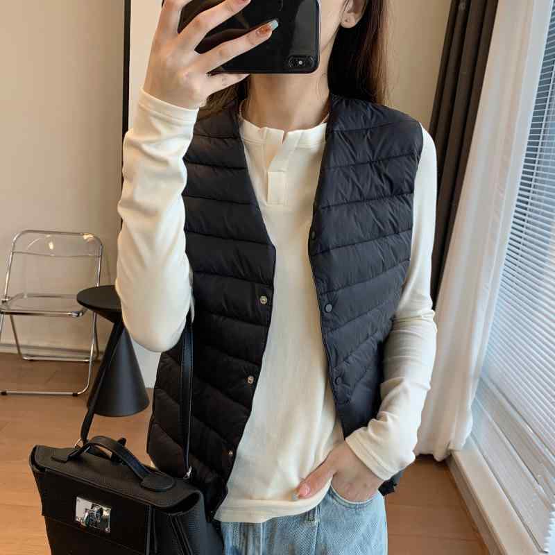 ベスト レディース 薄手 防寒 インナーダウン ラウンドネック 白?? アウター 通勤 カジュア ポリエステル 黒 白 ベージュ