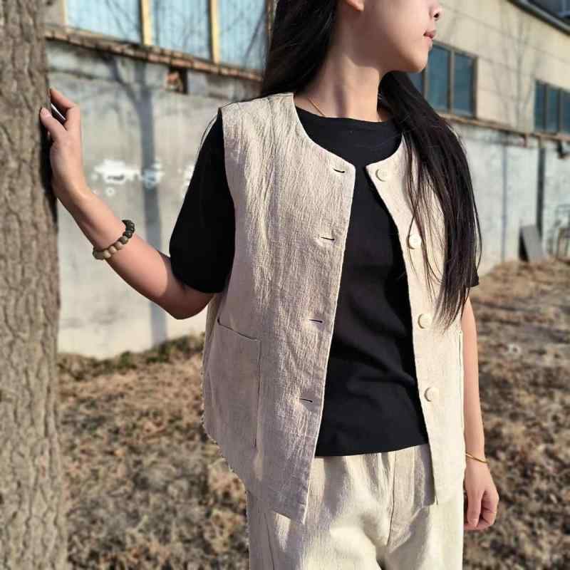 ベスト レディース 春秋 綿麻 ゆったり 無地 レトロ ポケット付き 文芸風 リネン 麻 混紡 ナチュラル 婦人服 トップス アウター チョッキ 麻本色 辣椒紅 薔薇粉 ブラック