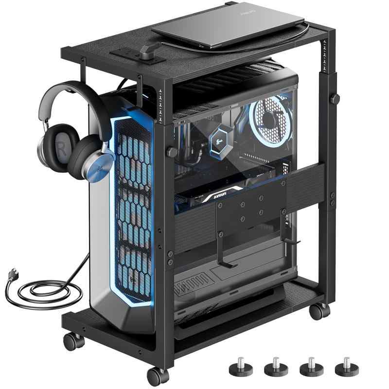 PC収納ボックス サーバーラック 360°キャスター付き CPUスタンドカート昇降式パソコンワゴン 充電ステーション付き PC 台車 2段 オフィス ゲーミングPC 4つのフック付 家庭やオフィスで使用 (