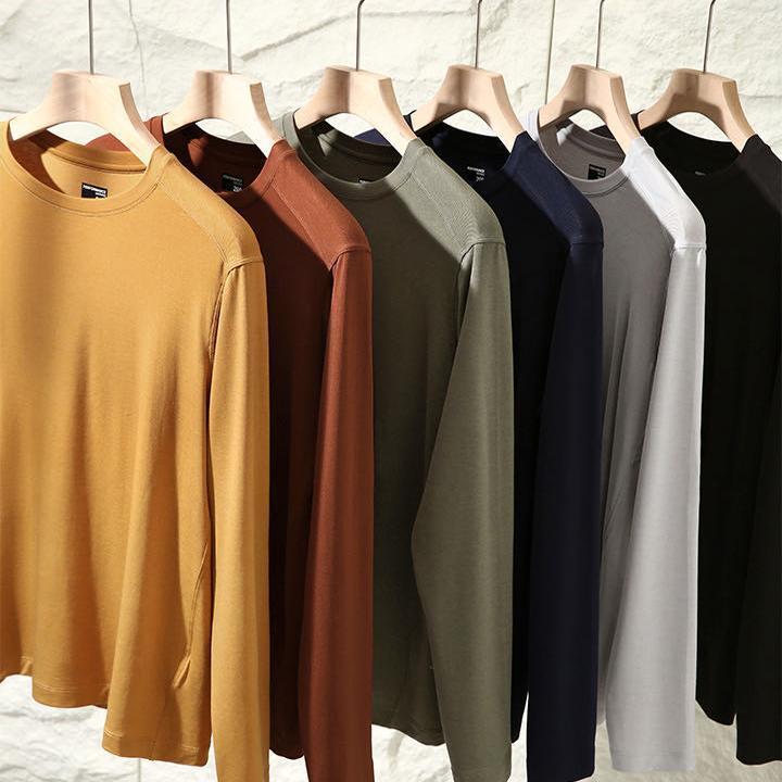 Tシャツ 男性用 女性用 ストレッチ テンセル 羊毛 長袖 トップス インナーシャツ 薄手 ラウンドネック 無地 スタイリッシュ リラックス 普段使い