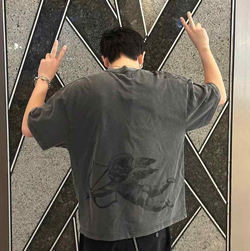 Tシャツ 男性用 ストリート キューピッド グラフィック プリント 半袖Tシャツ コットン トップス ゆったり ヴィンテージ ウォッシュ加工 黒
