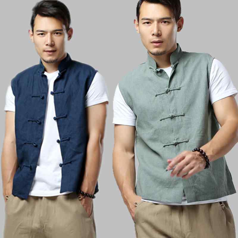 Tシャツ 男性用 麻 リネン ノースリーブ シャツ レトロ エスニック ルーズフィット 立襟 プルオーバー トップス カジュアル 普段使い 部屋着 ホワイト ブラック ネイビー 豆緑