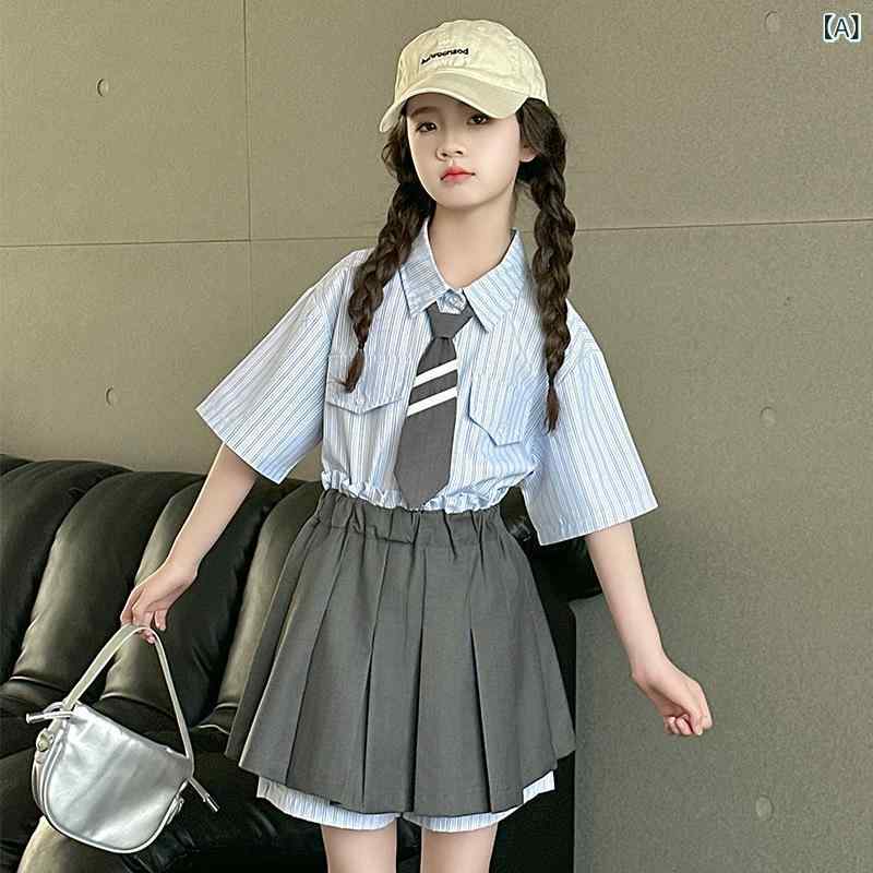 子供服 女の子 フォーマルセットアップ 半袖シャツ プリーツスカート 2点セット 薄手 グレー 無地 ガールズ スクール風 普段使い かわいい 120 130 140 150 160 170
