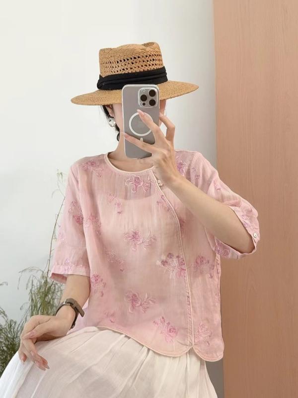 Tシャツ レディース 春夏 半袖 丸首 プルオーバー 斜めボタン タッセル 刺繍 レトロ 花柄 苧麻 リネン ゆったり 7分袖 トップス カットソー 花柄1 花柄2 花柄3 花柄4 花柄5