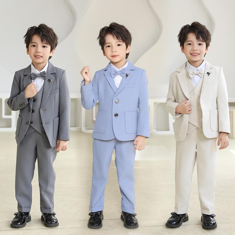 子供用フォーマルスーツ 男の子用 ジャケット ベスト パンツ セットアップ 春秋物 イングリッシュスタイル 無地 ピアノ 発表会 イベント 衣装 米色 紺色 灰色 綿