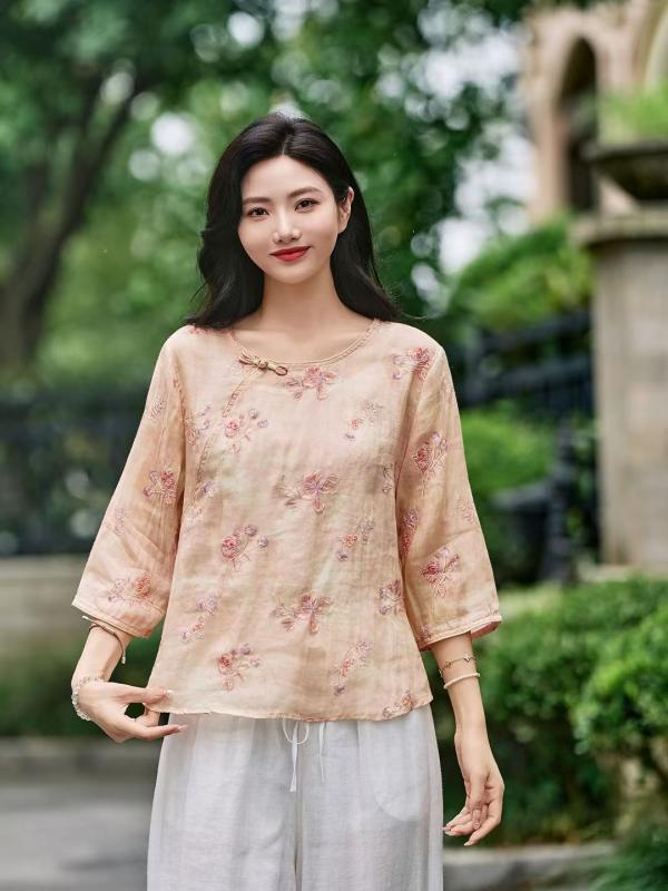 Tシャツ レディース 半袖 ラウンドネック プルオーバー 斜めボタン タッセル付き レトロ風 プリント 刺繍 苧麻 リネン ゆったり トップス 文芸風 春夏3