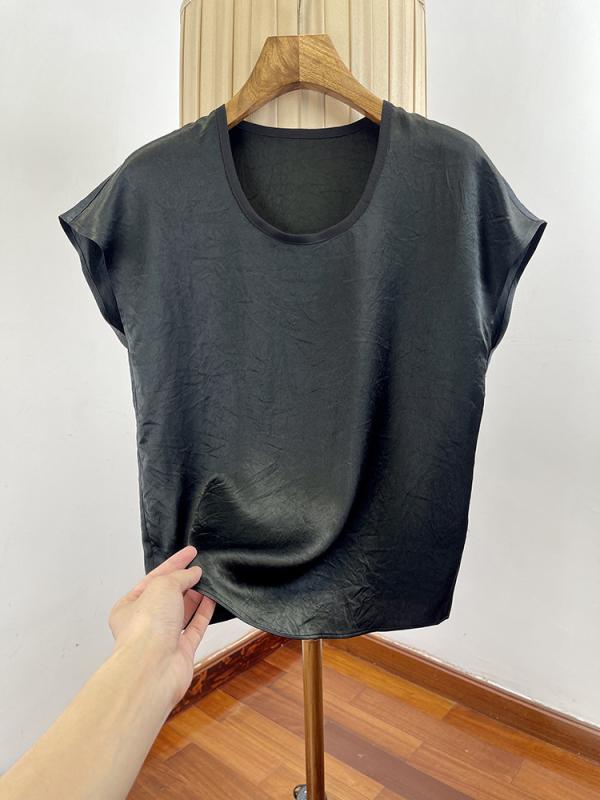 Tシャツ レディース 半袖 接触冷感 トップス 酢酸 アセテート プルオーバー ラウンドネック 無地 カットソー ゆったり 春夏 カジュアル 韓国風 かわいい 杏色 ブラック3